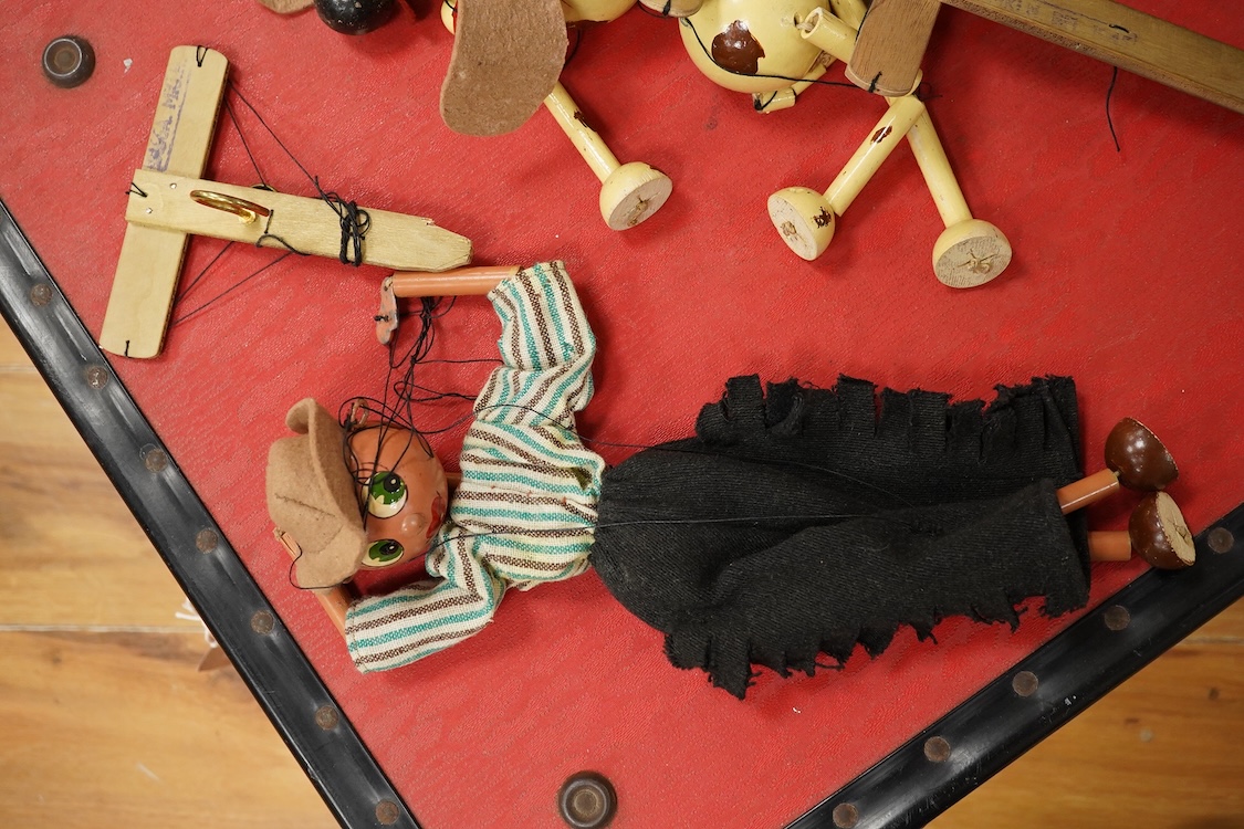 Five Pelham Puppets, four in boxes, including; Prince Charming, a Type SL Fairy Godmother, a Cowboy, Wags the Dog, and Cinderella (unboxed)